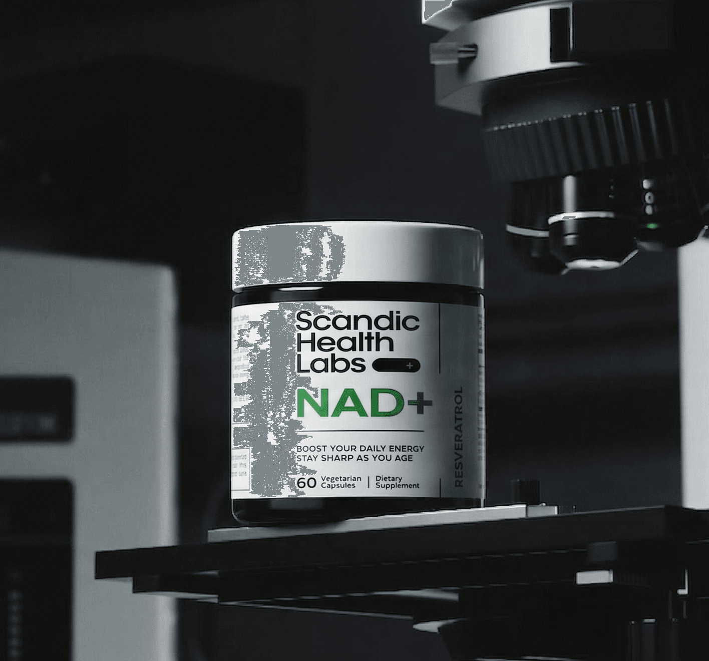 Scandic Health Labs NAD+ supplement bottle on a clean Scandinavian surface with soft natural light